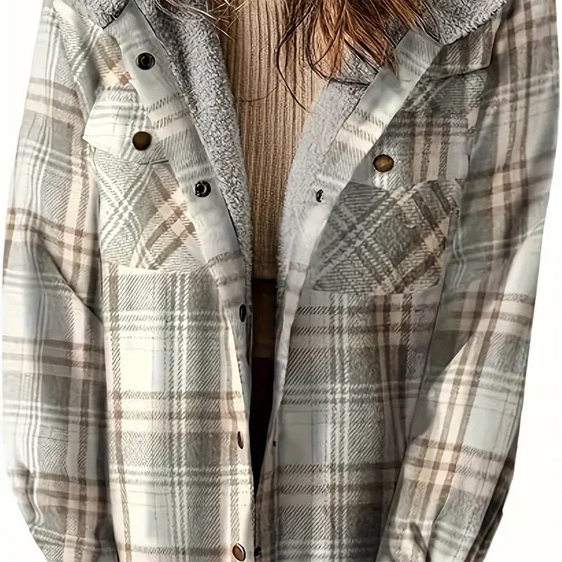 Women's Plaid Button - Up Long Sleeve Jacket Fall Winter Flap Button Pocket Design - PratSN