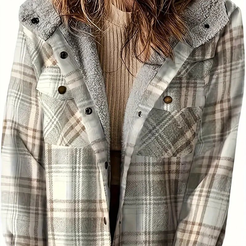 Women's Plaid Button - Up Long Sleeve Jacket Fall Winter Flap Button Pocket Design - PratSN