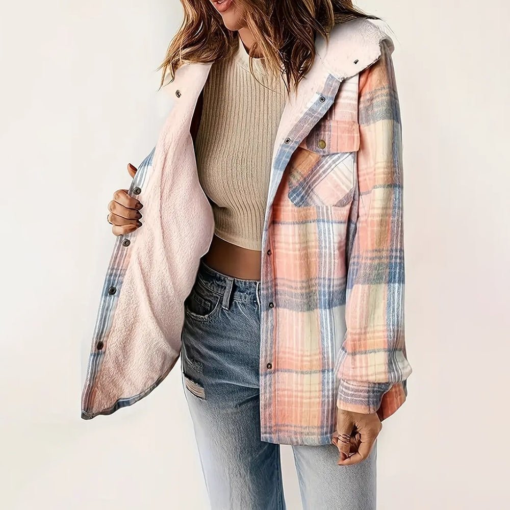 Women's Plaid Button - Up Long Sleeve Jacket Fall Winter Flap Button Pocket Design - PratSN