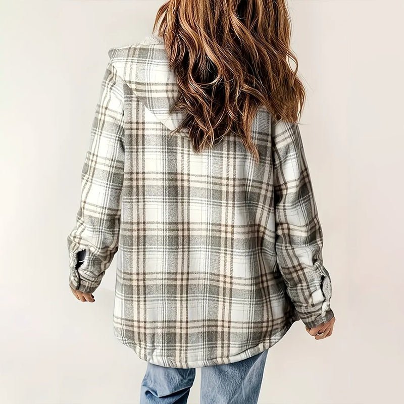 Women's Plaid Button - Up Long Sleeve Jacket Fall Winter Flap Button Pocket Design - PratSN