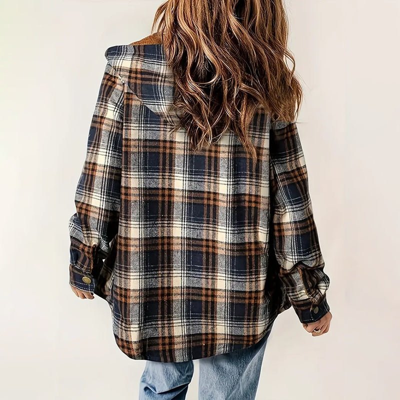 Women's Plaid Button - Up Long Sleeve Jacket Fall Winter Flap Button Pocket Design - PratSN
