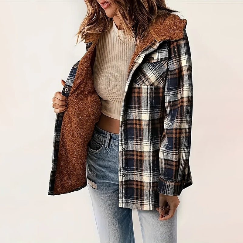Women's Plaid Button - Up Long Sleeve Jacket Fall Winter Flap Button Pocket Design - PratSN
