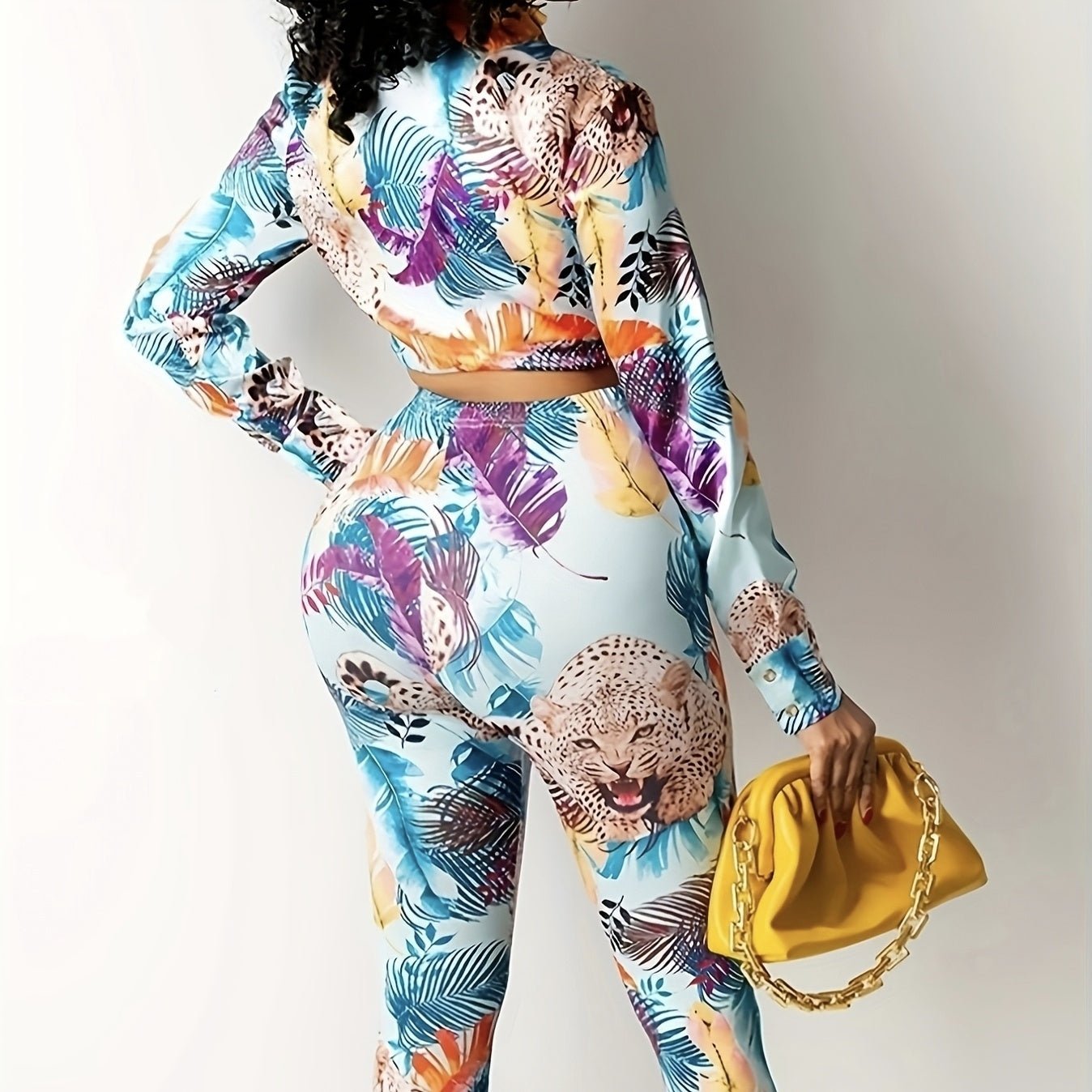 Women's Plant Animal Print Long Sleeved Lace Up Top And Slim Fit Pants Two - piece Pants Set - PratSN