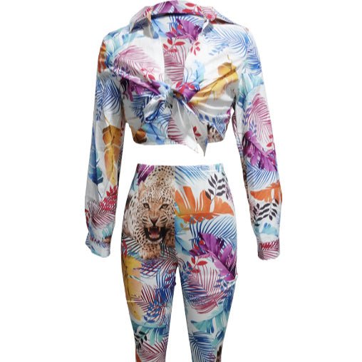 Women's Plant Animal Print Long Sleeved Lace Up Top And Slim Fit Pants Two - piece Pants Set - PratSN