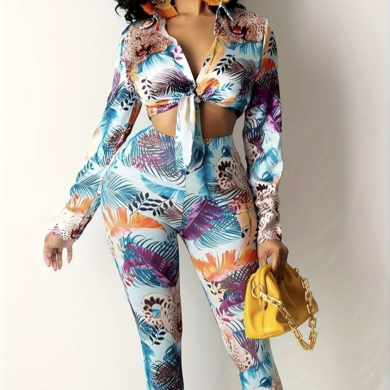 Women's Plant Animal Print Long Sleeved Lace Up Top And Slim Fit Pants Two - piece Pants Set - PratSN