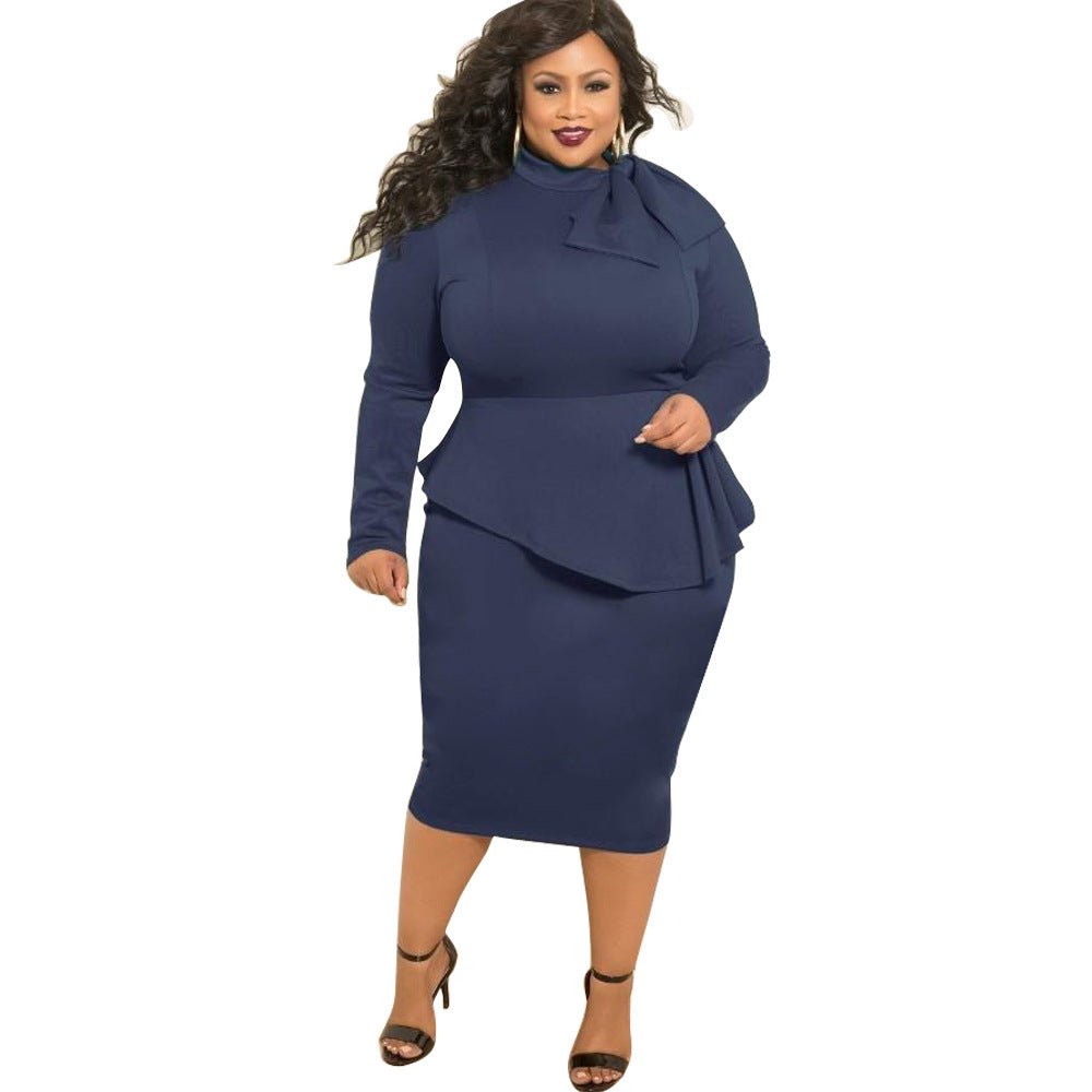 Women's Plus Size Bow Long Sleeve Dress - PratSN