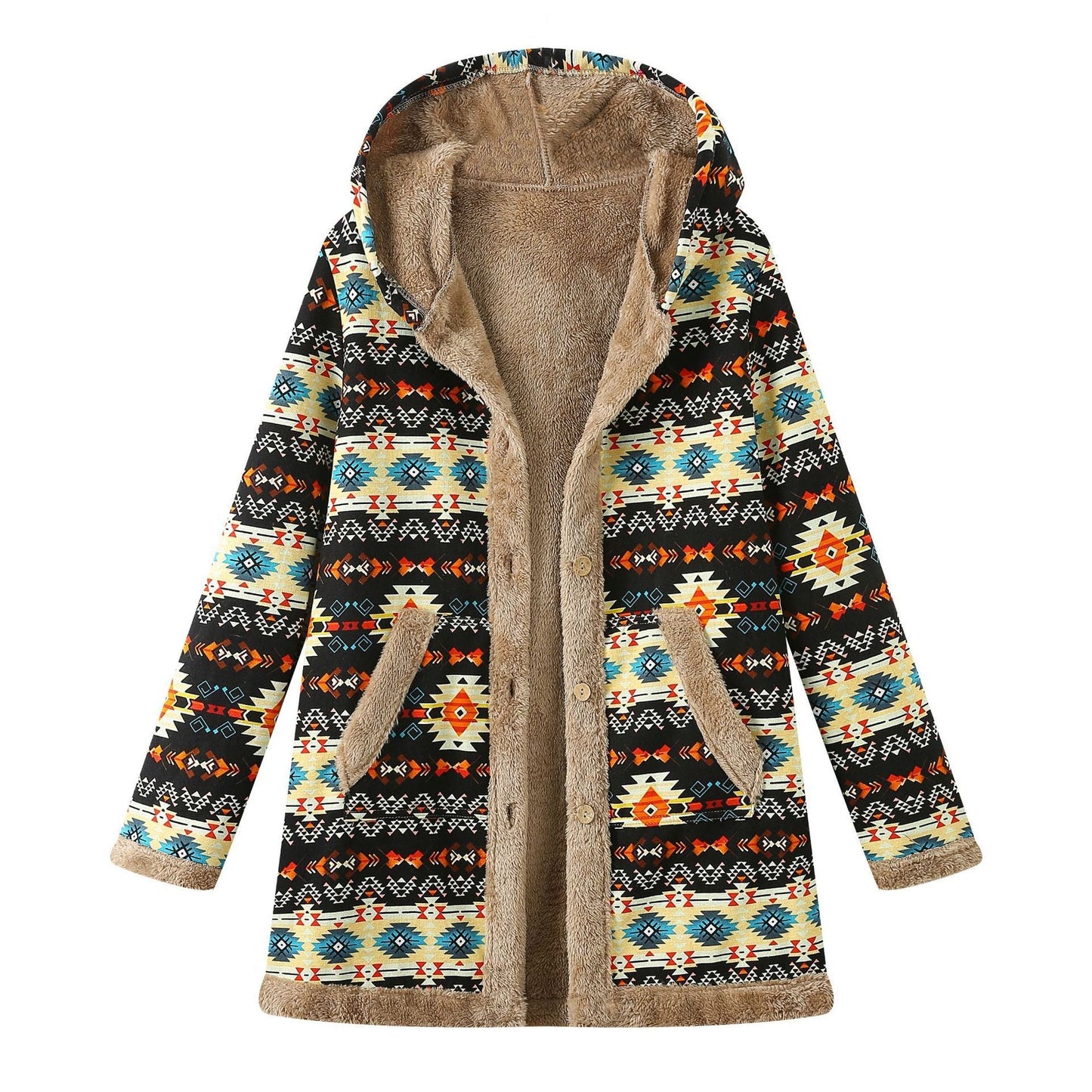 Women's Printed Hooded Warm Plush Long Sleeve Coat - PratSN