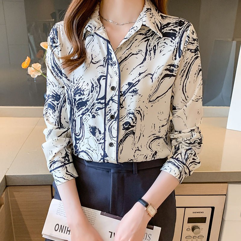 Women's Printed Long - sleeved Lapel Shirt - PratSN