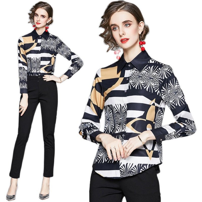Women's Printed Slim Long - sleeved Versatile Lapel Shirt - PratSN