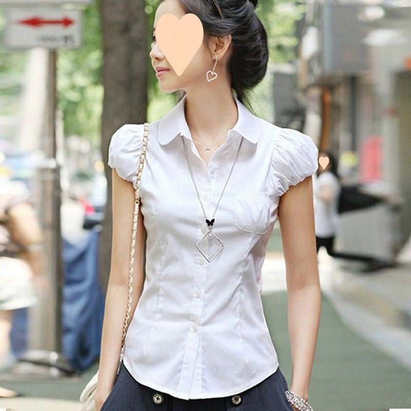 Women's Puff Sleeve Short Sleeve White Professional Slim Fit Shirt - PratSN