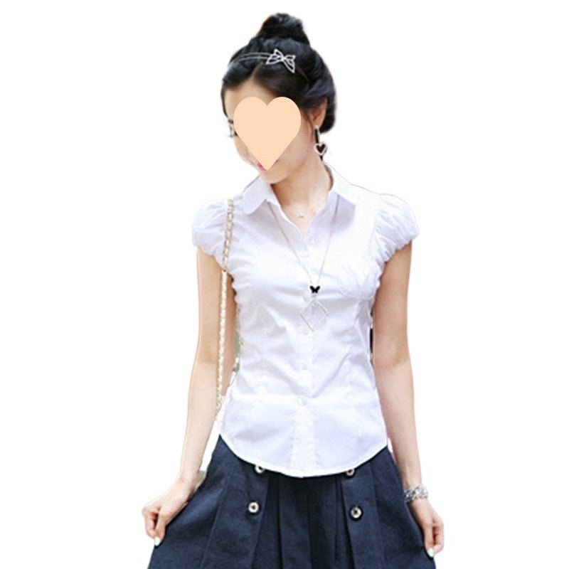 Women's Puff Sleeve Short Sleeve White Professional Slim Fit Shirt - PratSN