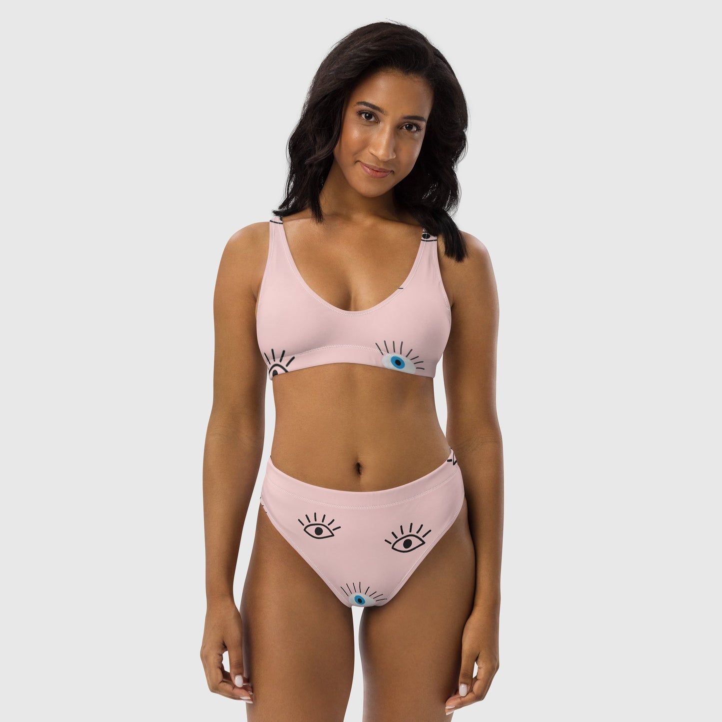 Women's recycled high - waisted bikini, Light pink bikini, Evil eye pattern bikini, Beach dress, Beach dress for summer and spring - PratSN
