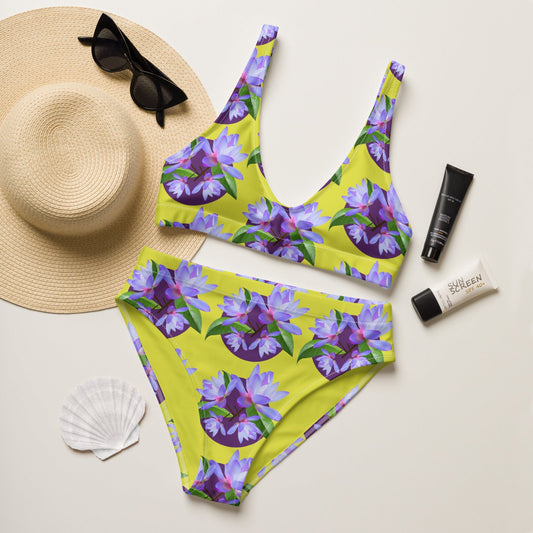 Women's Recycled high - waisted bikini, Purple Flowers Swimsuit, Yellow Purple Two Piece Swimsuits Tummy control bathing Suit - PratSN