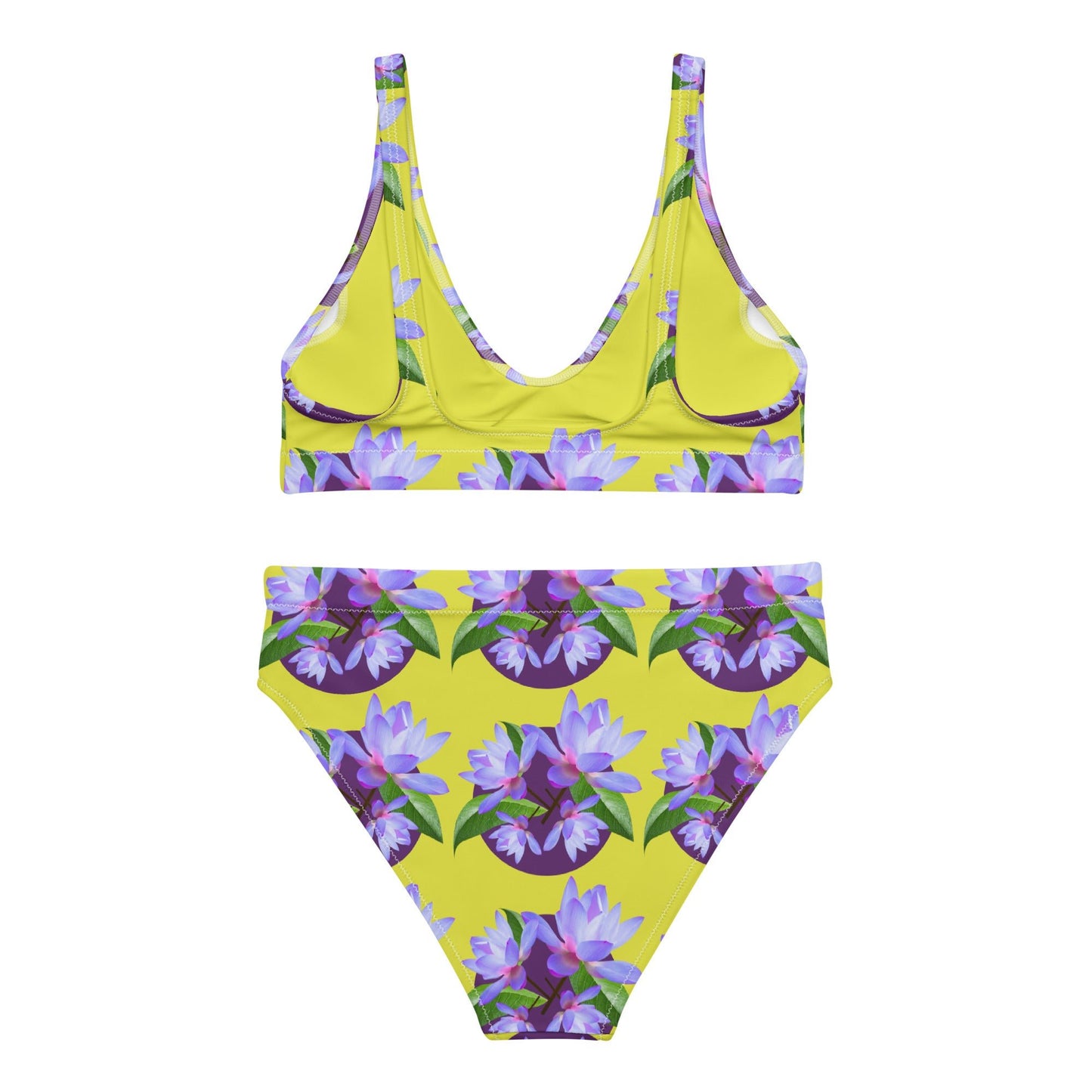 Women's Recycled high - waisted bikini, Purple Flowers Swimsuit, Yellow Purple Two Piece Swimsuits Tummy control bathing Suit - PratSN