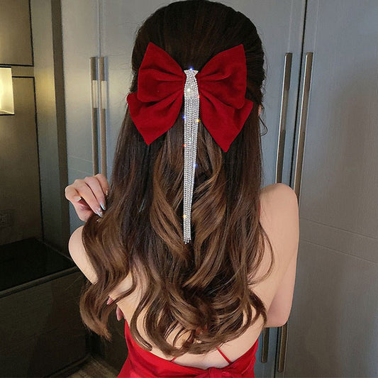 Women's Red Bow Encrusted Tassel Hairpin Back Head Spring Top Clip - PratSN