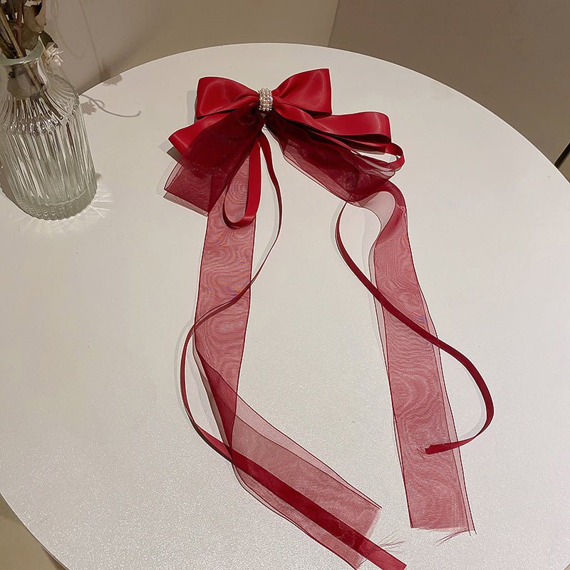Women's Red Bow Encrusted Tassel Hairpin Back Head Spring Top Clip - PratSN