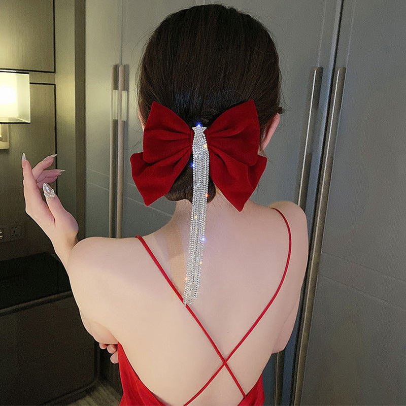 Women's Red Bow Encrusted Tassel Hairpin Back Head Spring Top Clip - PratSN