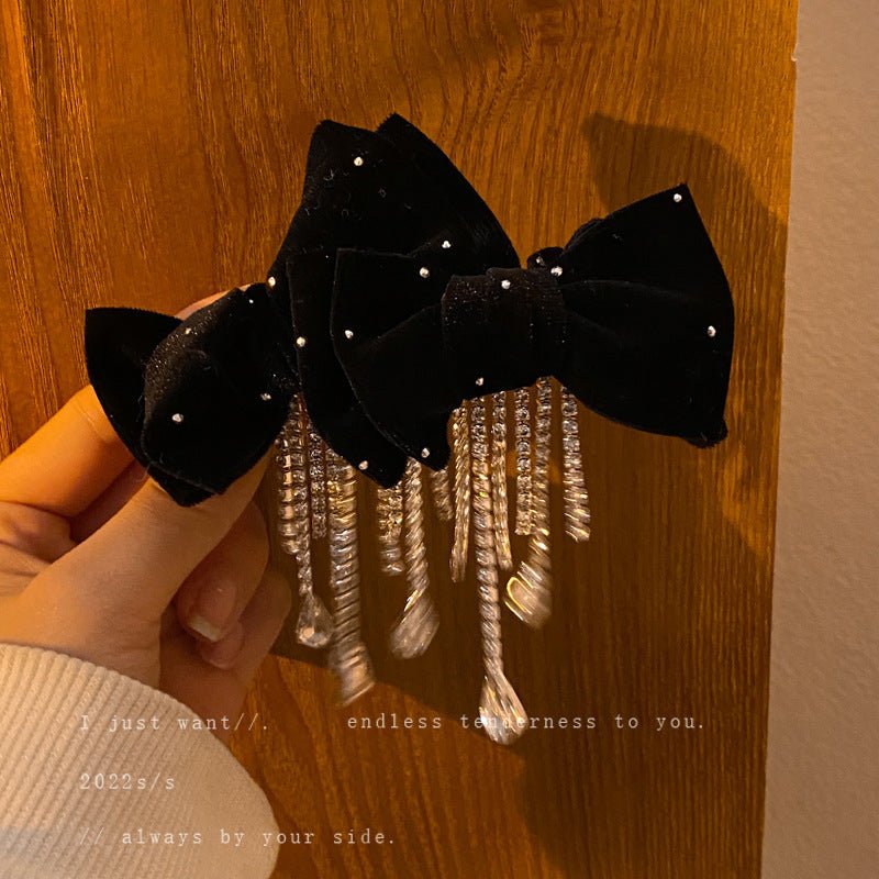 Women's Red Bow Encrusted Tassel Hairpin Back Head Spring Top Clip - PratSN