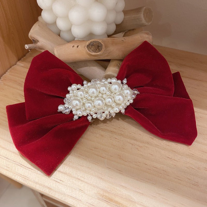 Women's Red Bow Encrusted Tassel Hairpin Back Head Spring Top Clip - PratSN