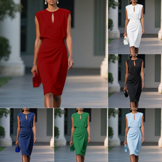 Women's Retro Elegant Solid Color Cross Front Knotted Round Neck Hollow Out Dress - Lightweight Summer Casual A - Line Midi Dress Party Dresses - PratSN