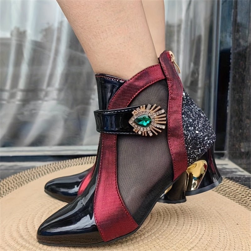 Women's Rhinestone Mesh Ankle Boots with Pointed Toe, Fashionable Short Boots - PratSN