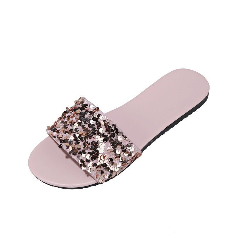 Women's Sequined Flat Slippers Plus Size Outer Wear Beach Sandals - PratSN