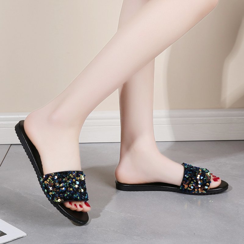 Women's Sequined Flat Slippers Plus Size Outer Wear Beach Sandals - PratSN