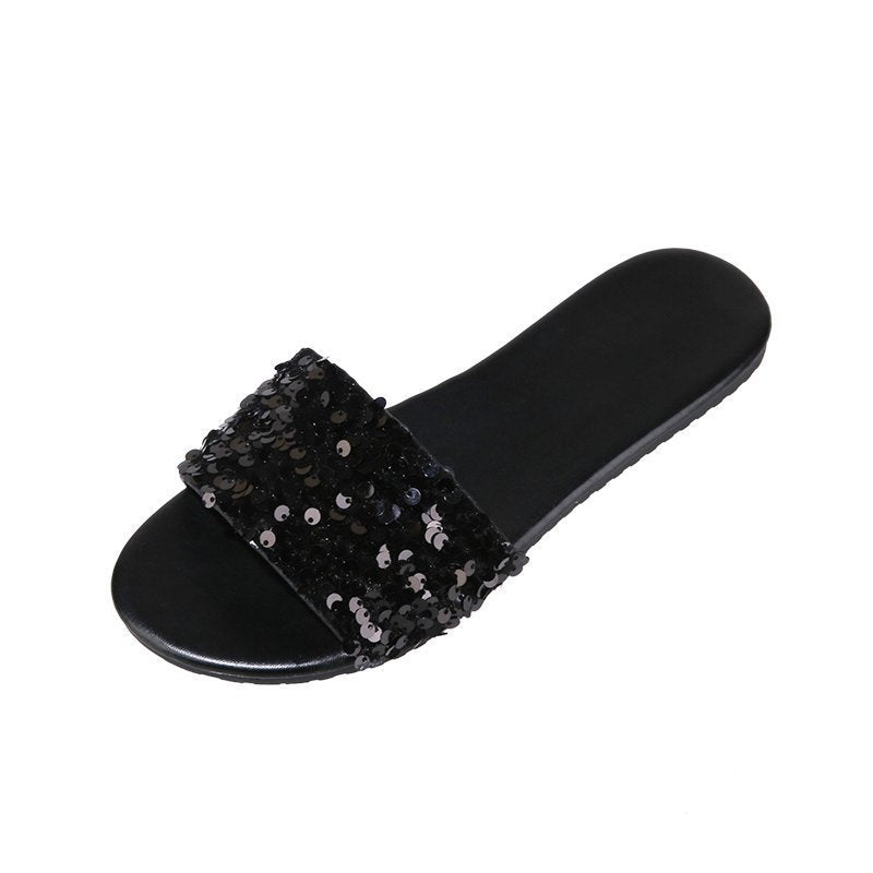 Women's Sequined Flat Slippers Plus Size Outer Wear Beach Sandals - PratSN