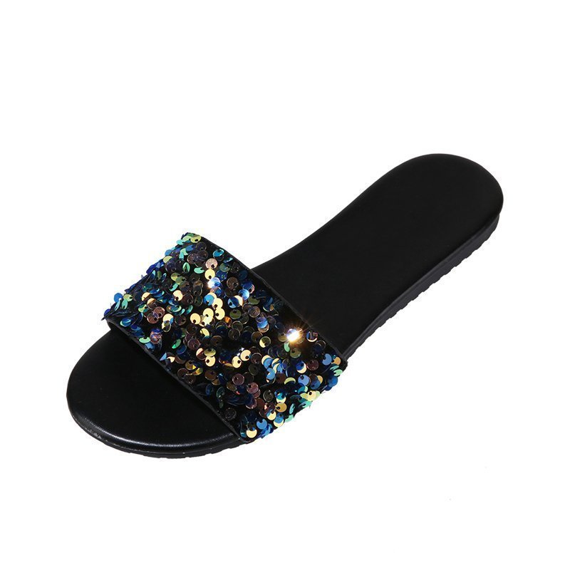 Women's Sequined Flat Slippers Plus Size Outer Wear Beach Sandals - PratSN
