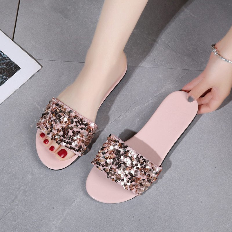 Women's Sequined Flat Slippers Plus Size Outer Wear Beach Sandals - PratSN