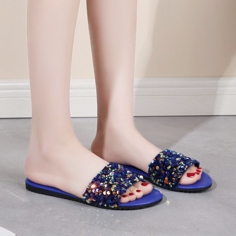 Women's Sequined Flat Slippers Plus Size Outer Wear Beach Sandals - PratSN