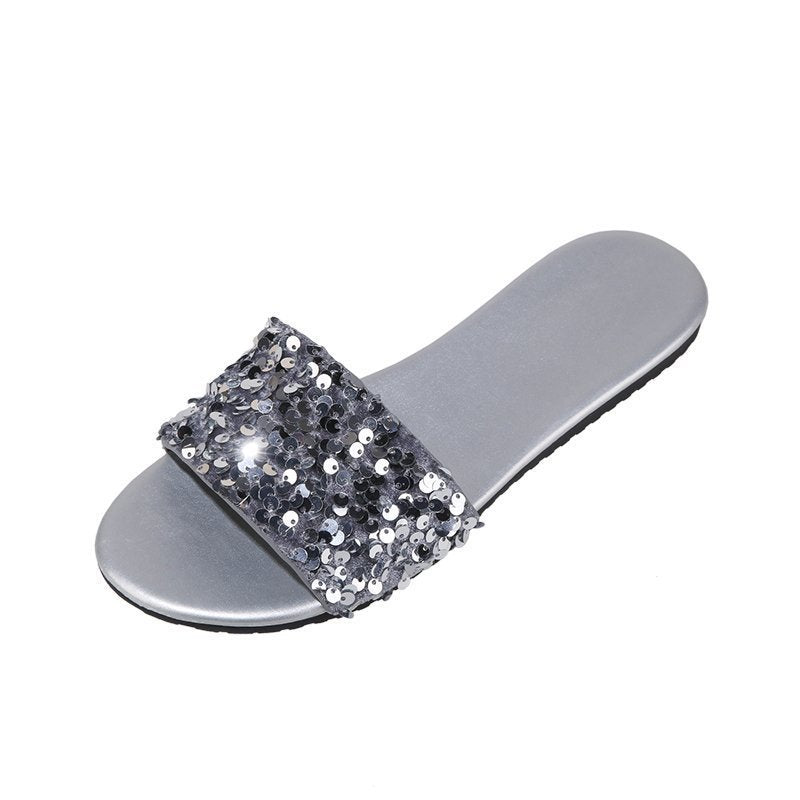 Women's Sequined Flat Slippers Plus Size Outer Wear Beach Sandals - PratSN