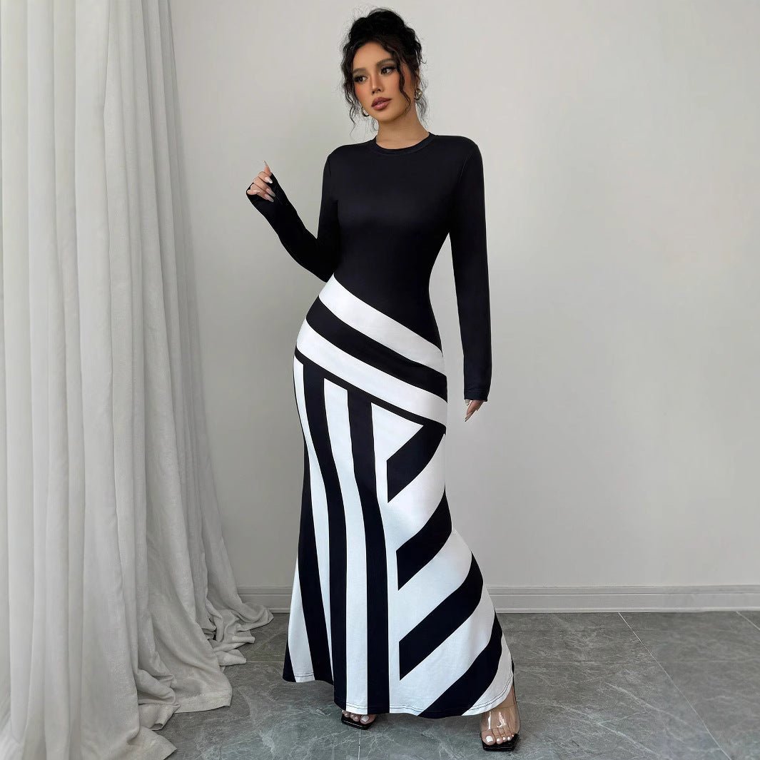 Women's Sexy Asymmetric Neckline Irregular Stripes Dress - PratSN