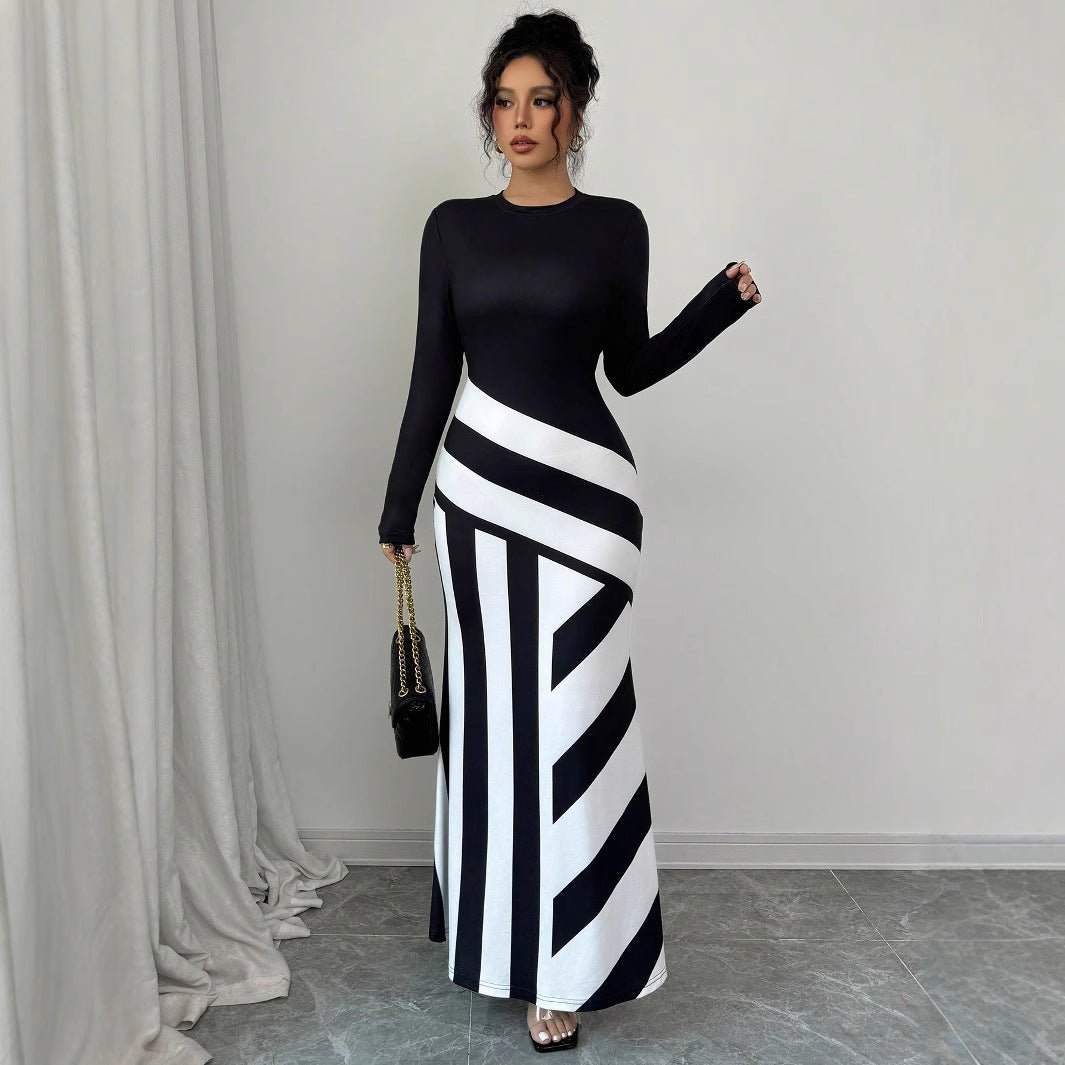 Women's Sexy Asymmetric Neckline Irregular Stripes Dress - PratSN