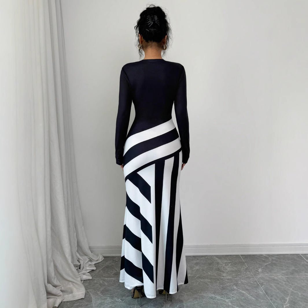 Women's Sexy Asymmetric Neckline Irregular Stripes Dress - PratSN
