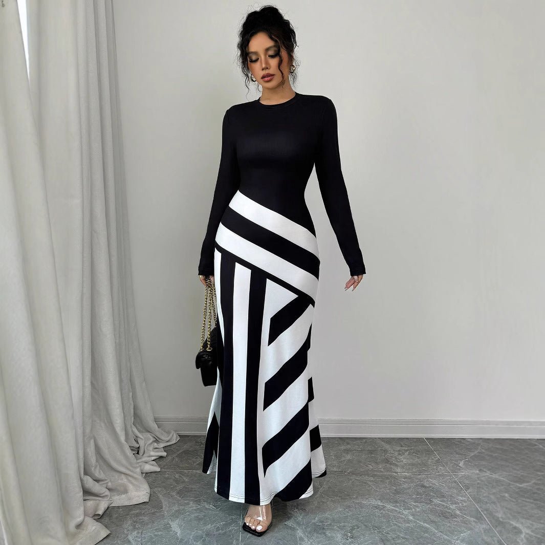 Women's Sexy Asymmetric Neckline Irregular Stripes Dress - PratSN