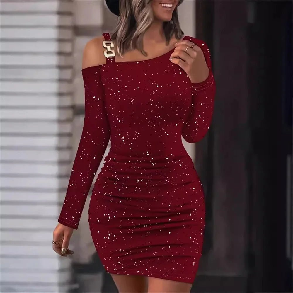 Women's Sexy Diagonol Collar Chain Long Sleeve Bodycon Mini Dress Autumn Ladies Slim Fit Party Cocktail Evening Pullover Dresses - PratSN