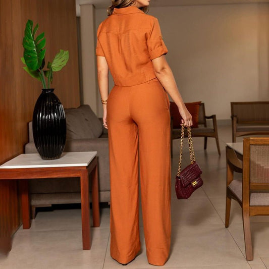 Women's Simple And Short Top With Straight - leg Wide - leg Pants Commuter Two - piece Set - PratSN