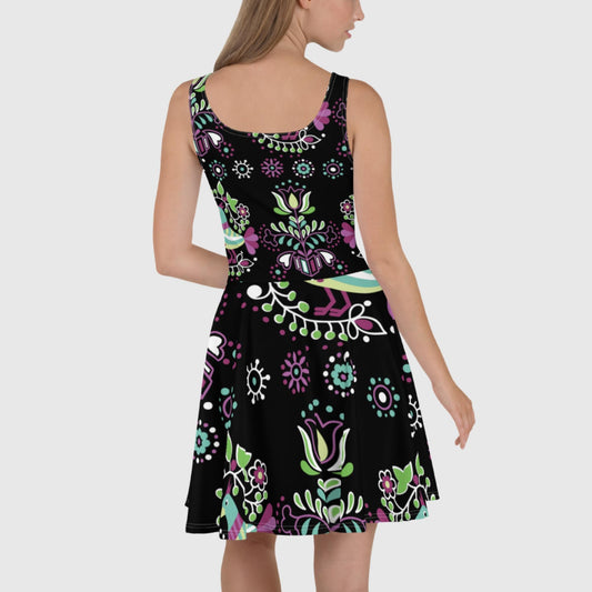 Women's Skater Dress, Black skater dress, Floral sleeveless dress, Skater dress for summer and spring - PratSN