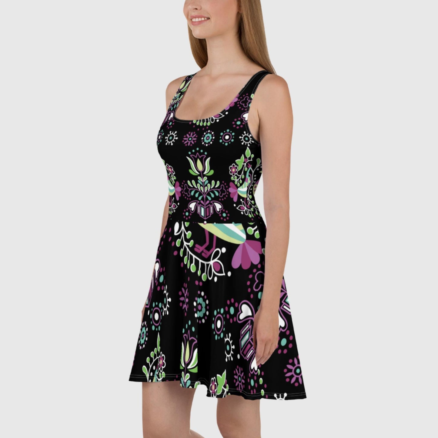 Women's Skater Dress, Black skater dress, Floral sleeveless dress, Skater dress for summer and spring - PratSN
