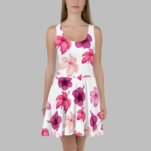 Women's Skater Dress, Blooming pattern sleeveless dress, Skater dress for summer and spring - PratSN