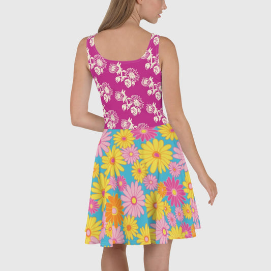 Women's Skater Dress, Deep Cerise and yellow skater dress, Blooming pattern skater dress, Sunflower pattern skater dress, Skater dress for summer and spring - PratSN