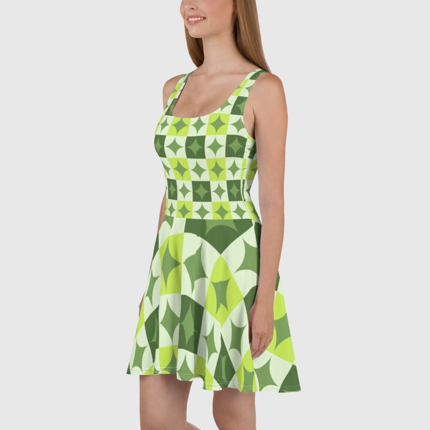 Women's Skater Dress, Green and white skater dress, Geometric pattern sleeveless dress, Skater dress for summer and spring - PratSN
