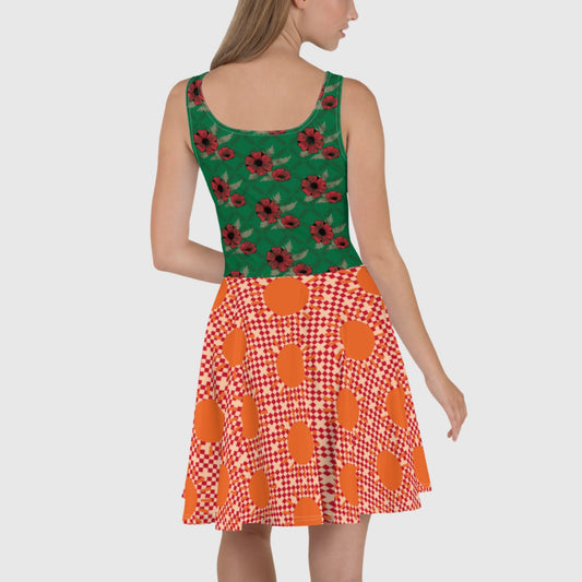 Women's Skater Dress, Green orange color skater dress, Floral skater dress for summer and spring - PratSN