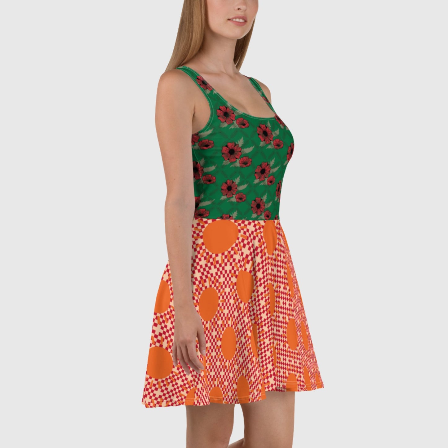 Women's Skater Dress, Green orange color skater dress, Floral skater dress for summer and spring - PratSN