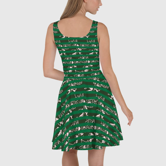 Women's Skater Dress, Green skater dress, Stripped and Floral sleeveless dress, Skater dress for summer and spring - PratSN
