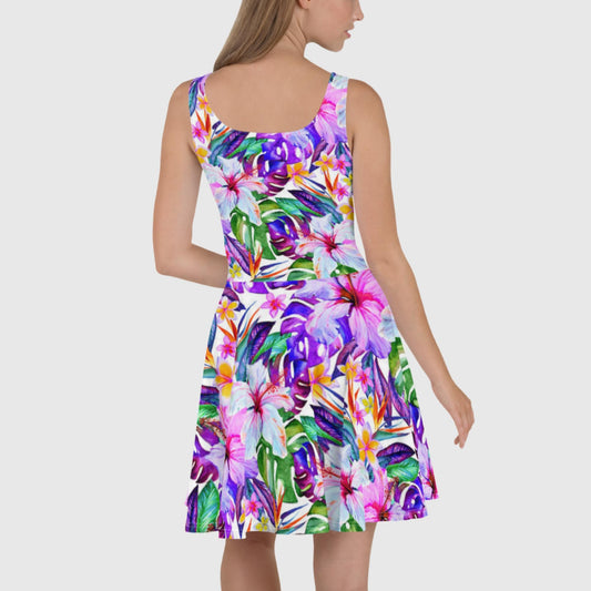 Women's Skater Dress, Hawaiian Print Skater Dress, Floral Mini Dress, Hawaiian Tropical Printed Mini Dress - PratSN