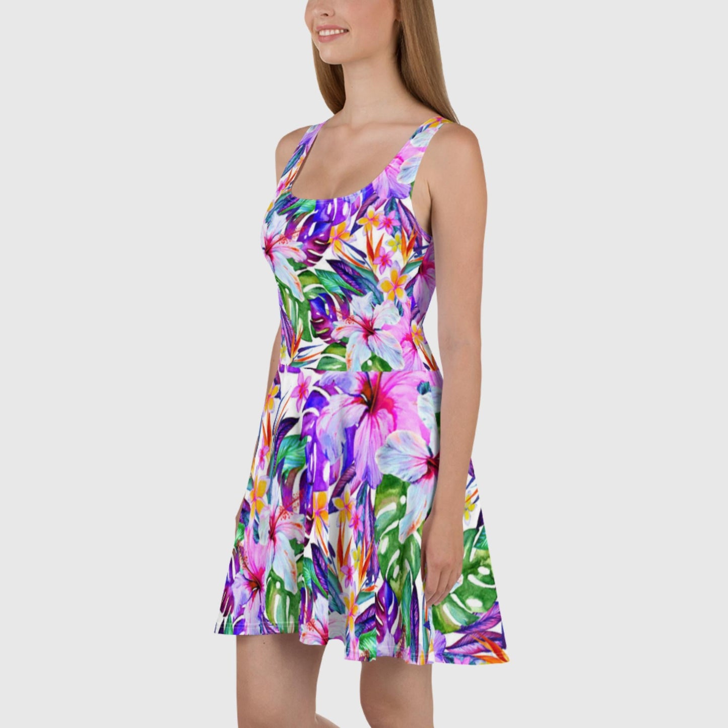 Women's Skater Dress, Hawaiian Print Skater Dress, Floral Mini Dress, Hawaiian Tropical Printed Mini Dress - PratSN