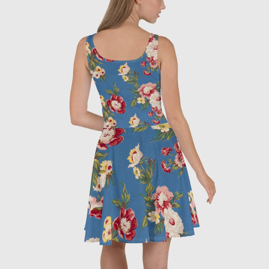 Women's Skater Dress, light blue pink and white skater dress, Blooming pattern sleeveless dress, Skater dress for summer and spring - PratSN