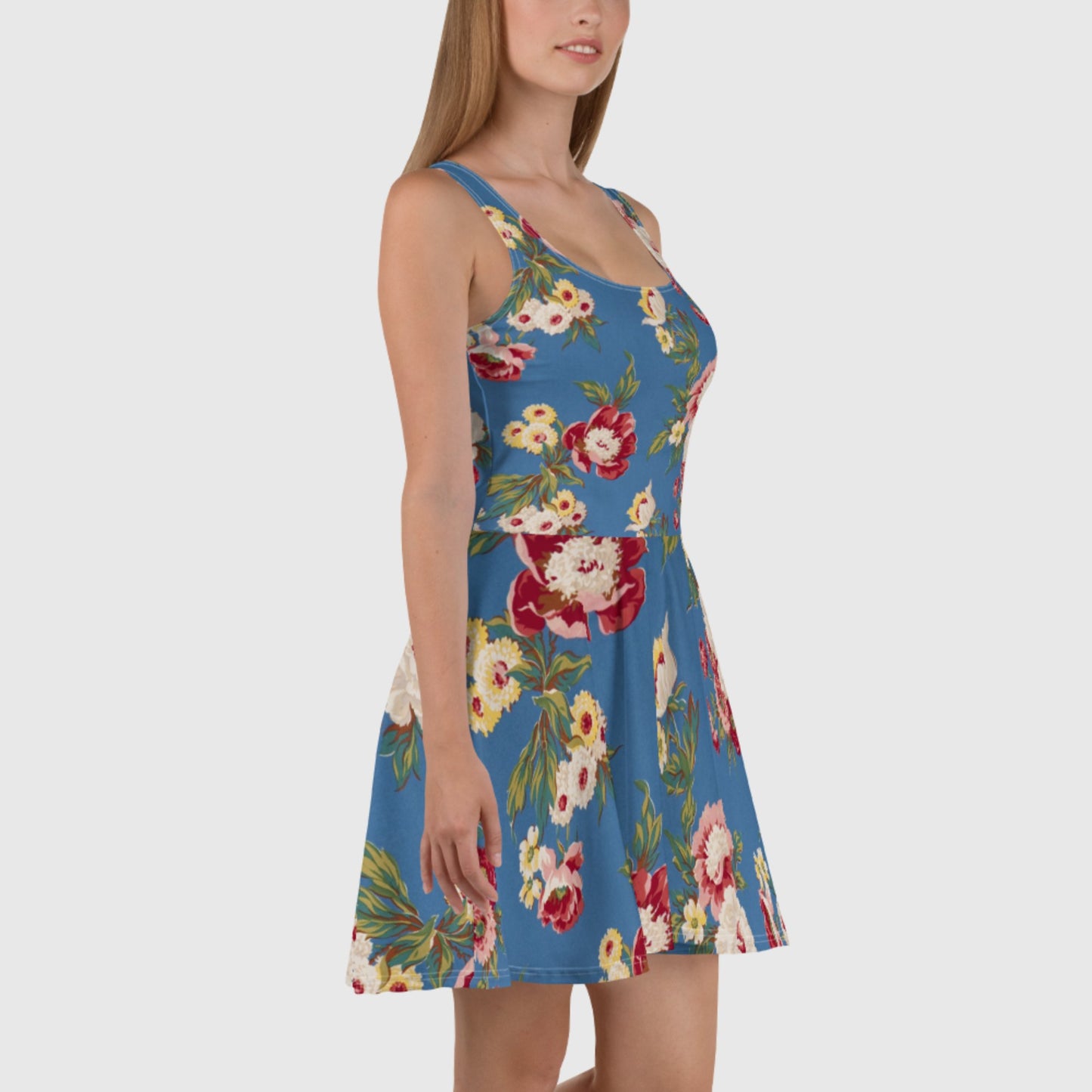 Women's Skater Dress, light blue pink and white skater dress, Blooming pattern sleeveless dress, Skater dress for summer and spring - PratSN